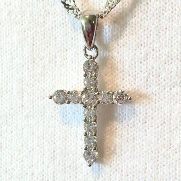 Cross Necklace Sterling Silver Cubic Zirconia Pendant 925 17in Twist Chain - Picture 14 of 14